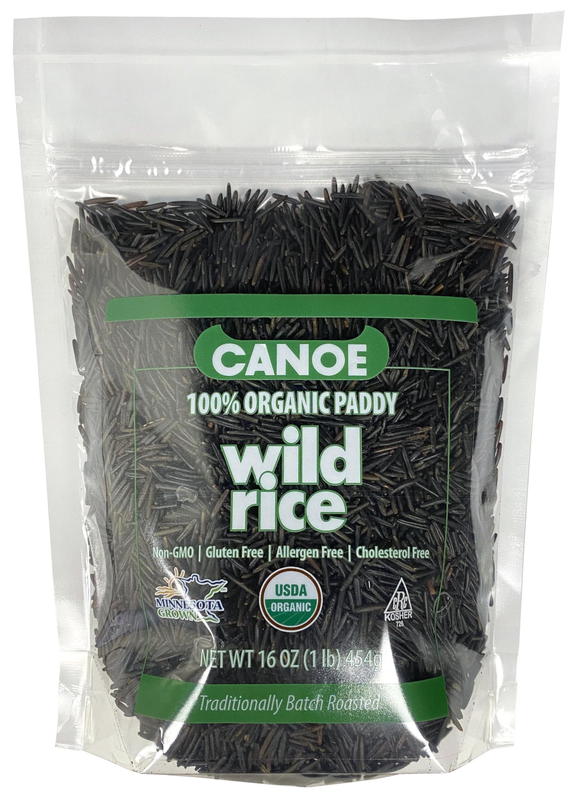 Canoe front packaging showing organic whole grain wild rice and labeling benefits