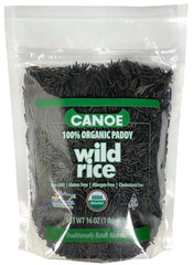 Canoe front packaging showing organic whole grain wild rice and labeling benefits