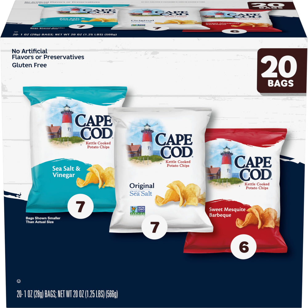 Cape Cod variety pack front view showing three flavors and count, convenient portability