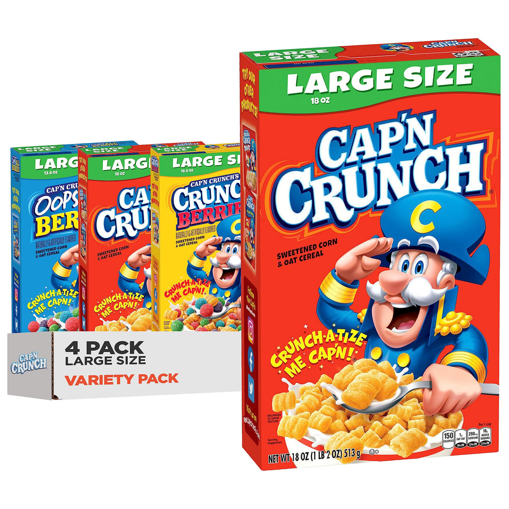 Cap'n Crunch front packaging showing all four large boxes and recognizable logo for pantry-ready convenience