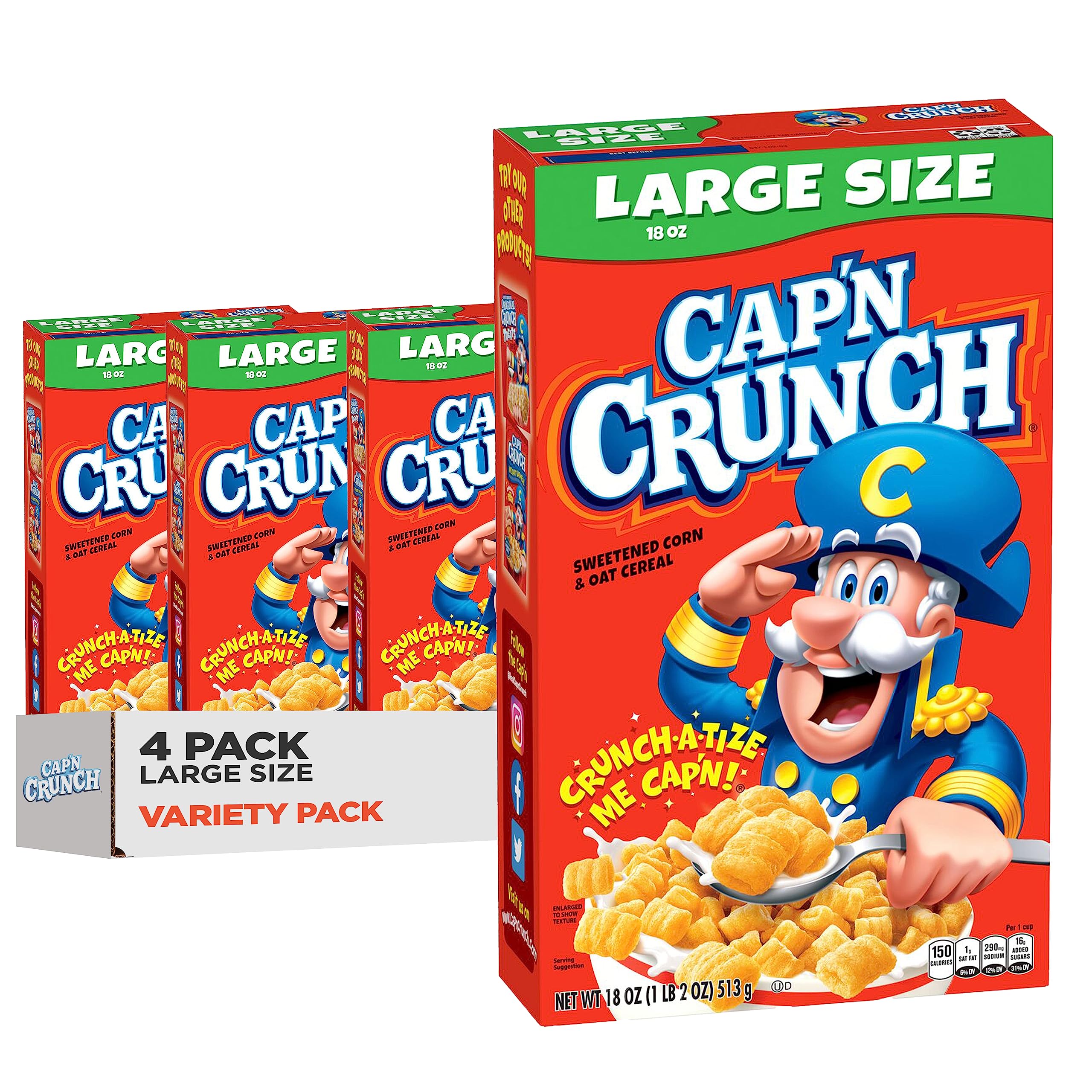 Cap'n Crunch front packaging showing four 18 oz boxes and pantry-ready value
