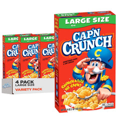 Cap'n Crunch front packaging showing four 18 oz boxes and pantry-ready value
