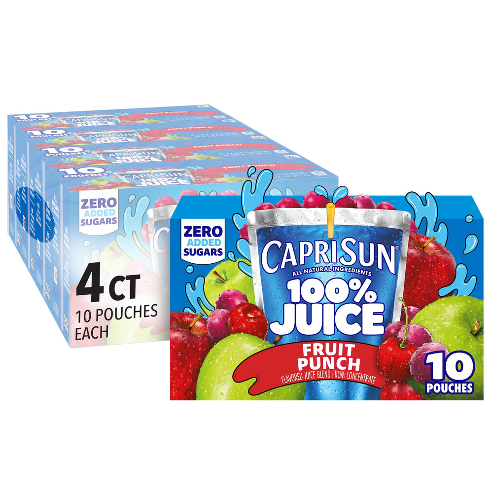Capri Sun front packaging showing 40-pouch bulk box and branding freshness