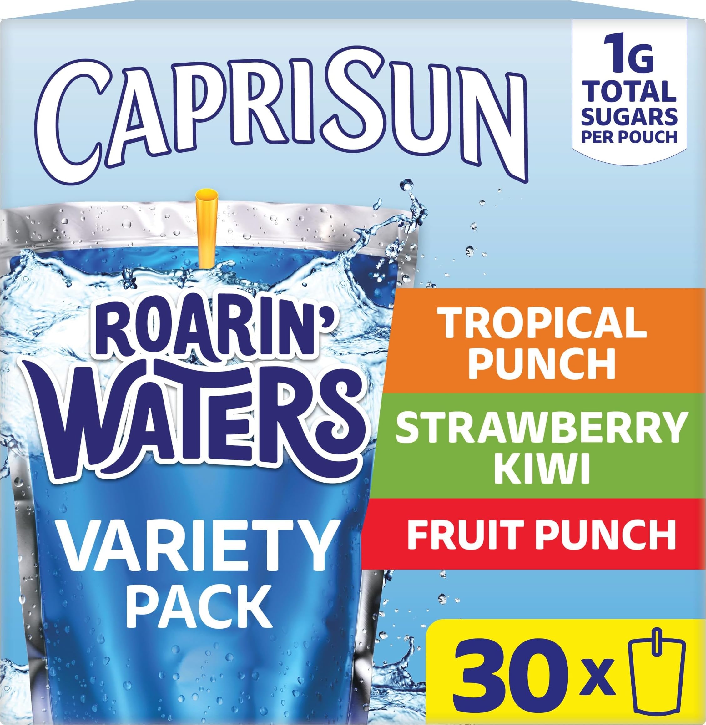 Capri Sun Roarin' Waters front box showing 30-count convenience and variety
