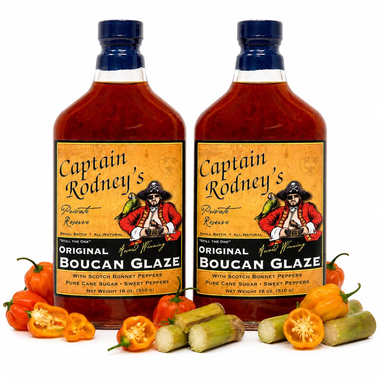 Captain Rodney's bottle front label showing brand and sweet heat appeal