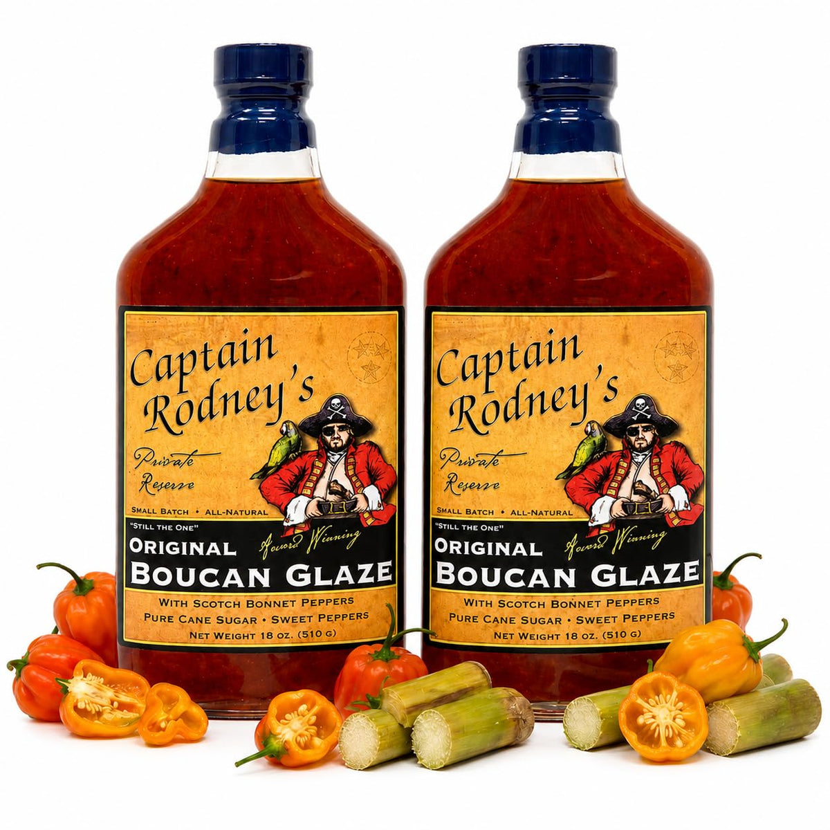 Captain Rodney's bottle front label showing brand and sweet heat appeal