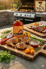 Captain Rodney's glaze ingredients flatlay showing Scotch Bonnet and peppers