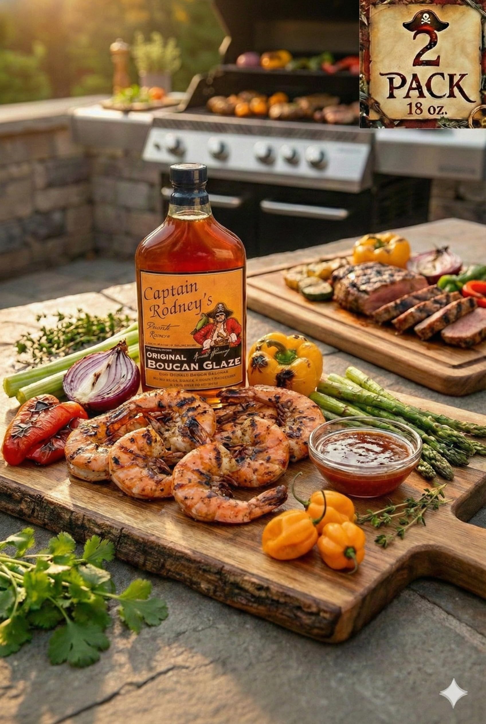 Captain Rodney's glaze on a tailgate spread enhancing party-ready flavor