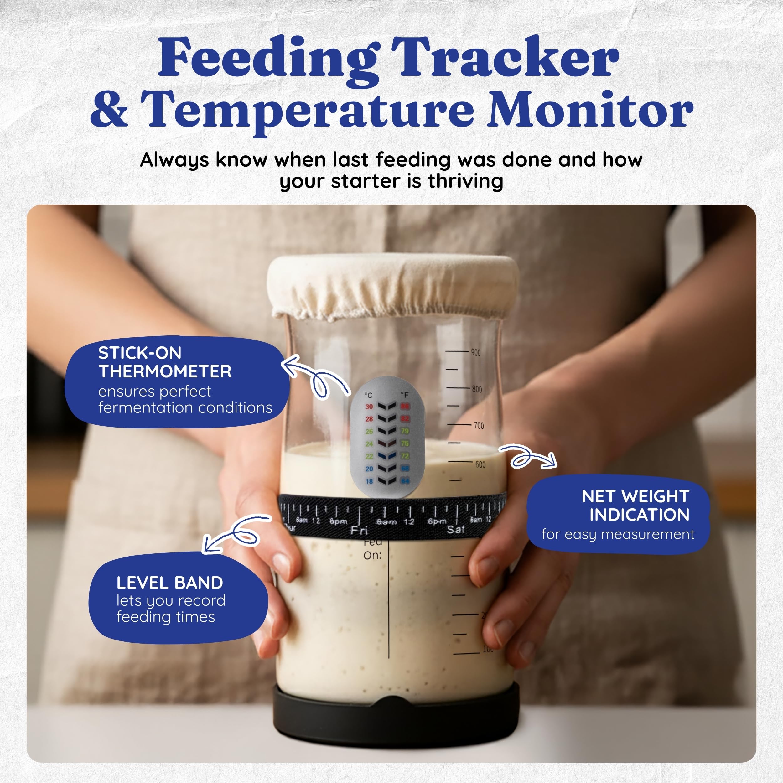Captain Sourpants thermometer strip on jar showing temperature monitoring