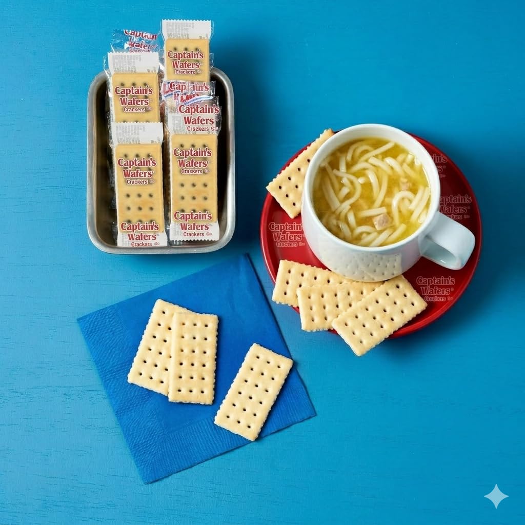 Generic Captain’s Wafers paired with cheese on a board for quick serving ideas