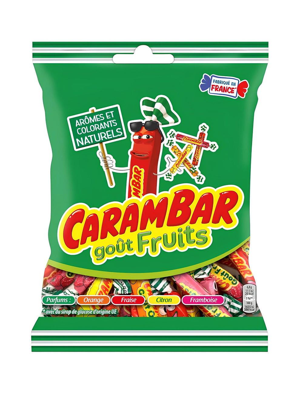 Carambar front packaging showing 130 g bag, clear branding and inviting fruit images