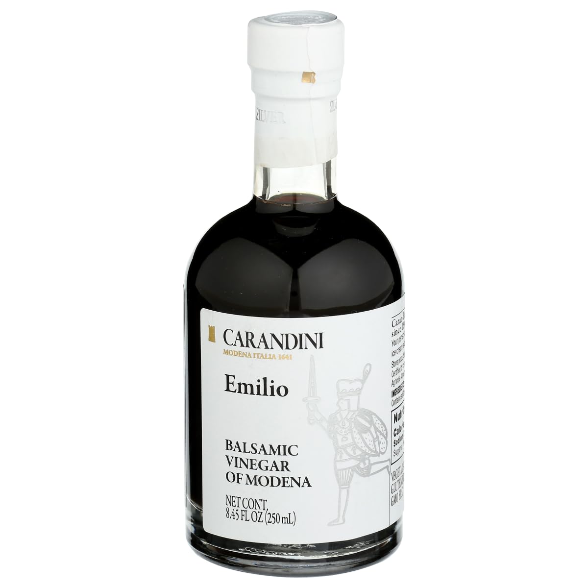 Carandini bottle front view showing elegant label and size benefit