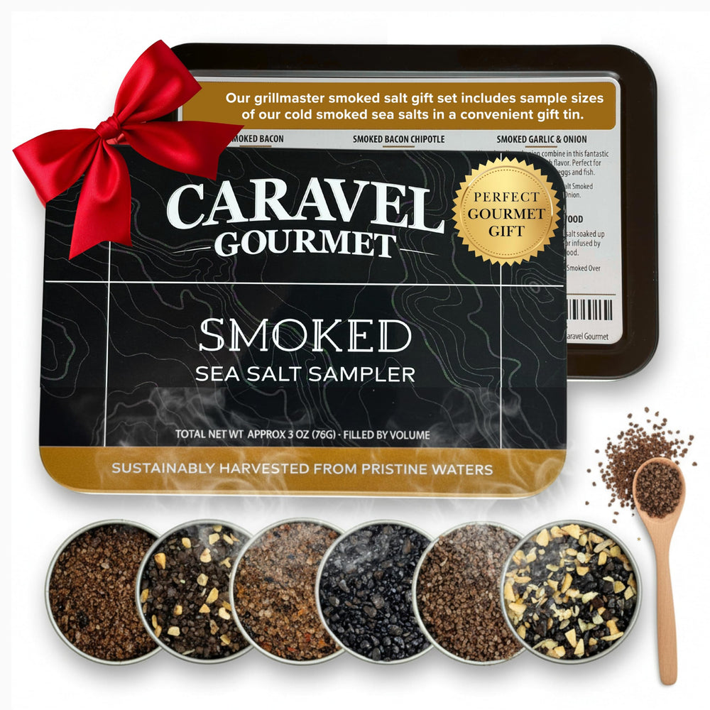 Caravel Gourmet front packaging showing gift-ready smoked salt sampler benefits
