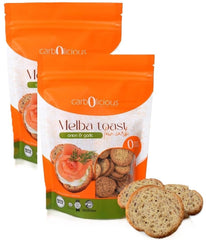 carb-o-licious front pack showing onion garlic melba toast, crunchy low-carb snack