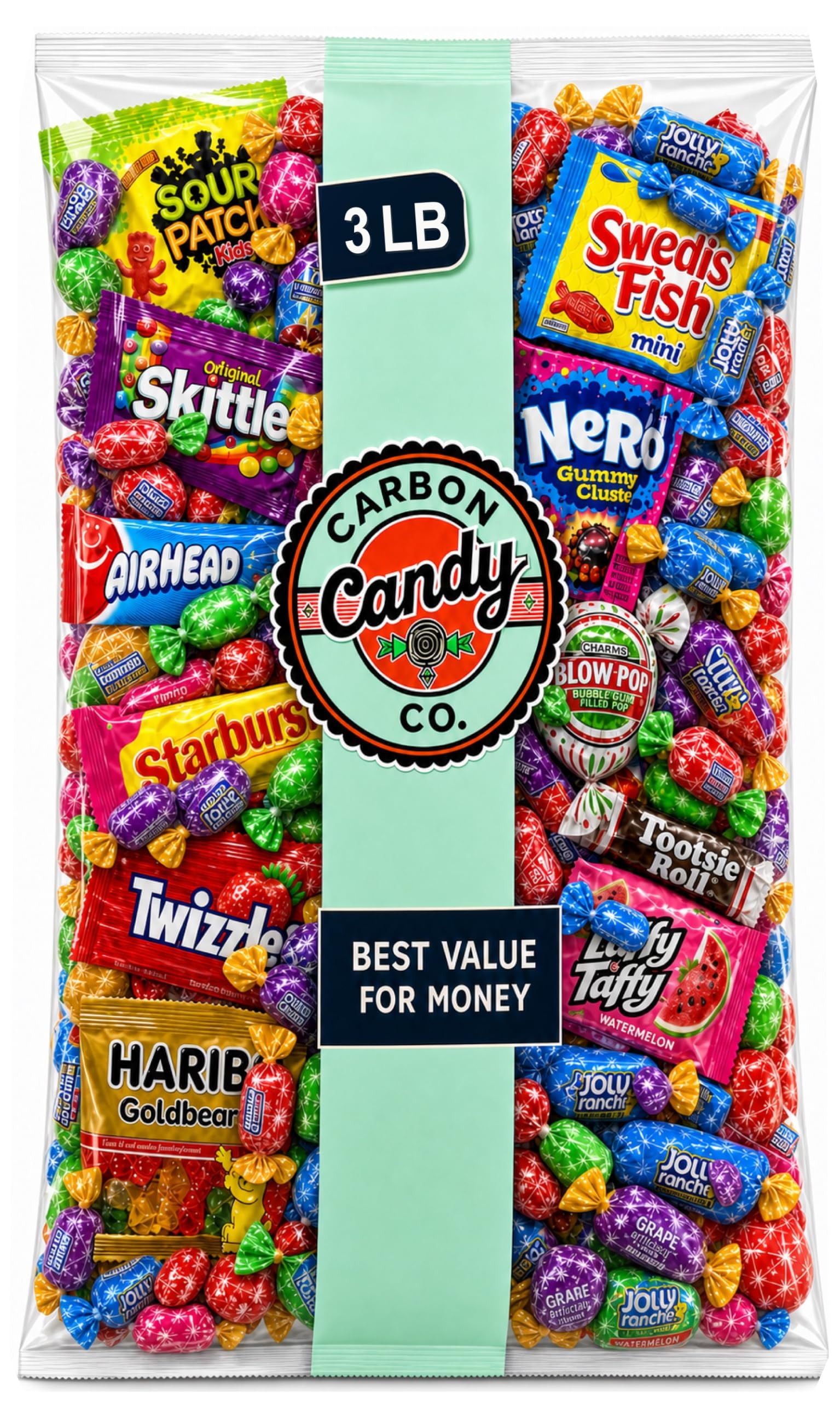 CARBON CANDY CO. front packaging showing 3 lb bag and bright colors for easy party planning