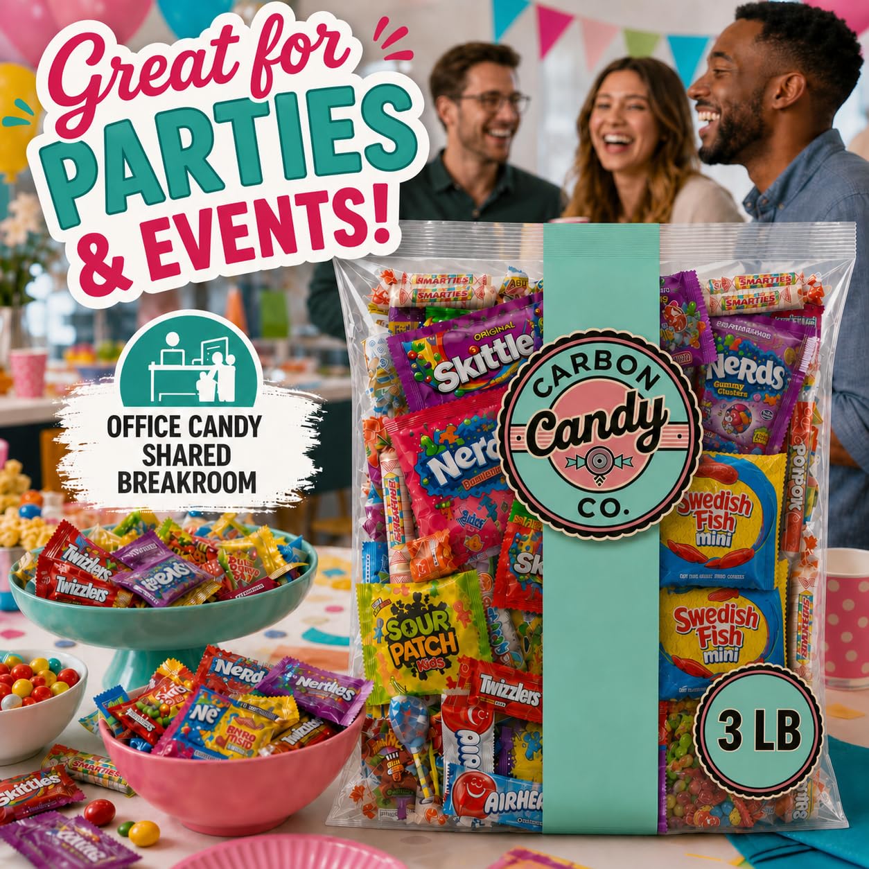 CARBON CANDY CO. bag beside a ruler showing 3 lb scale for accurate party supply planning