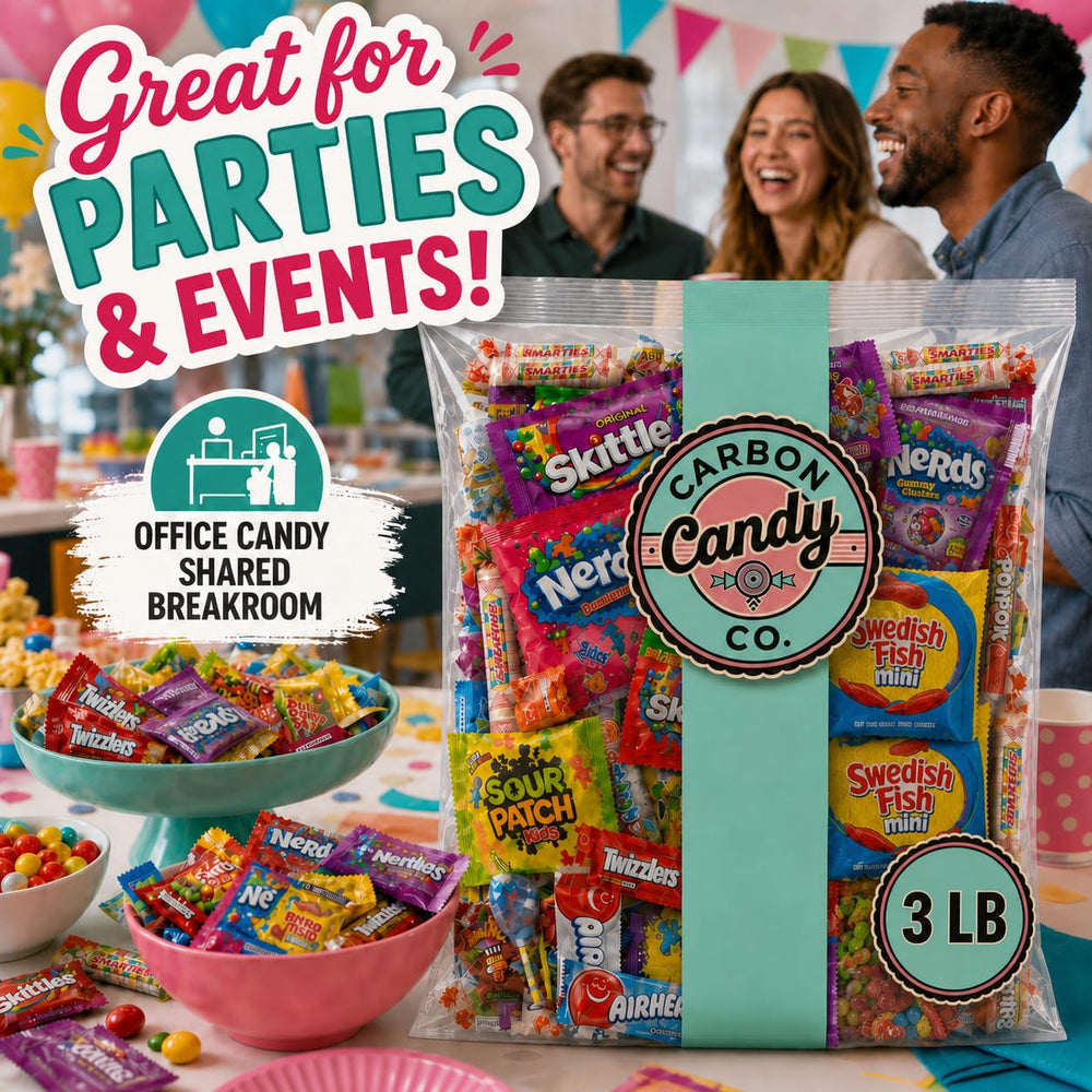 CARBON CANDY CO. bag beside a ruler showing 3 lb scale for accurate party supply planning