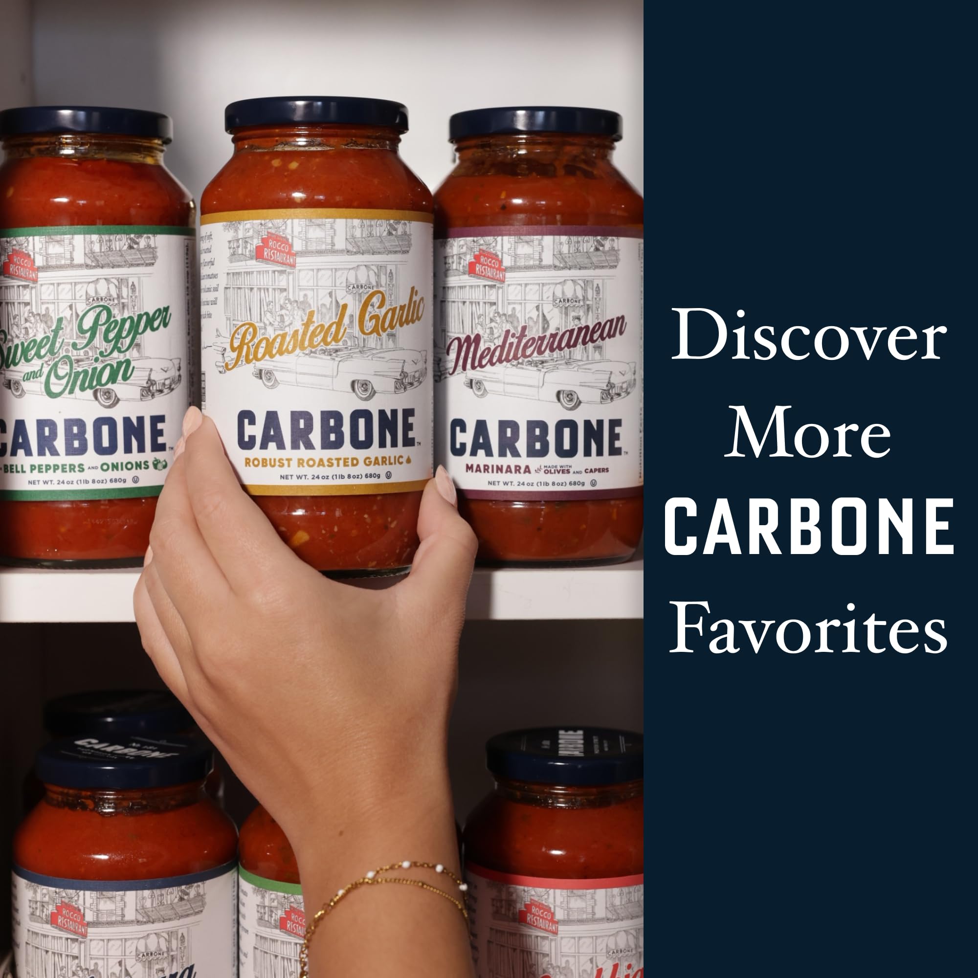 Carbone marinara on a dinner table with bread and salad for entertaining ease