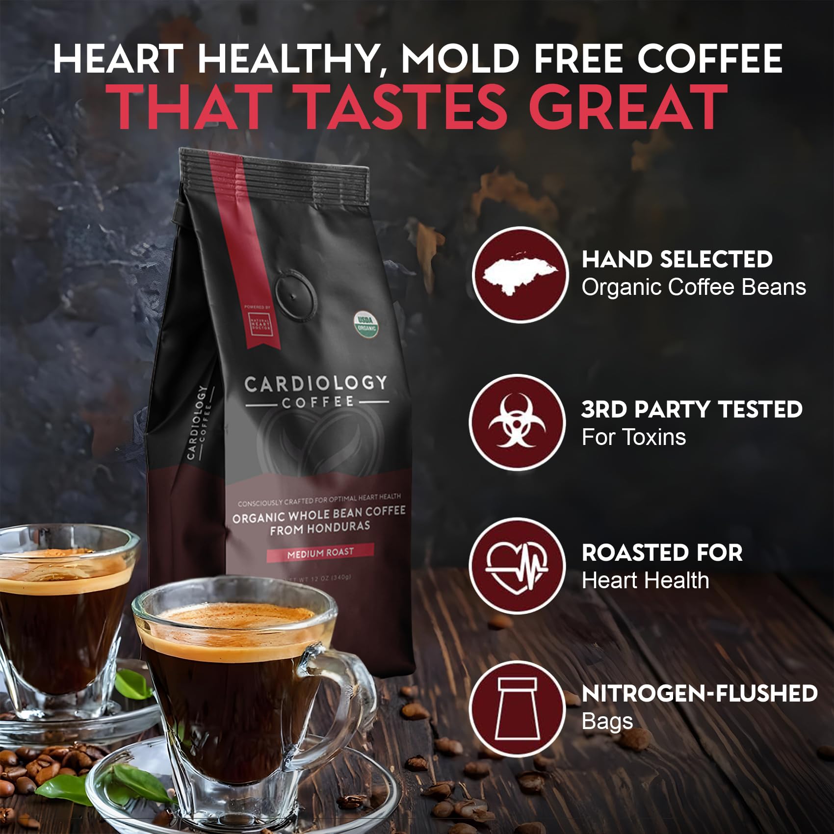 Cardiology Coffee 12 oz scale comparison showing portion size and home storage convenience benefit