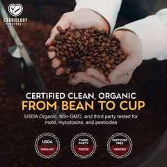 Cardiology Coffee label with USDA Organic and testing badges showing purity benefit