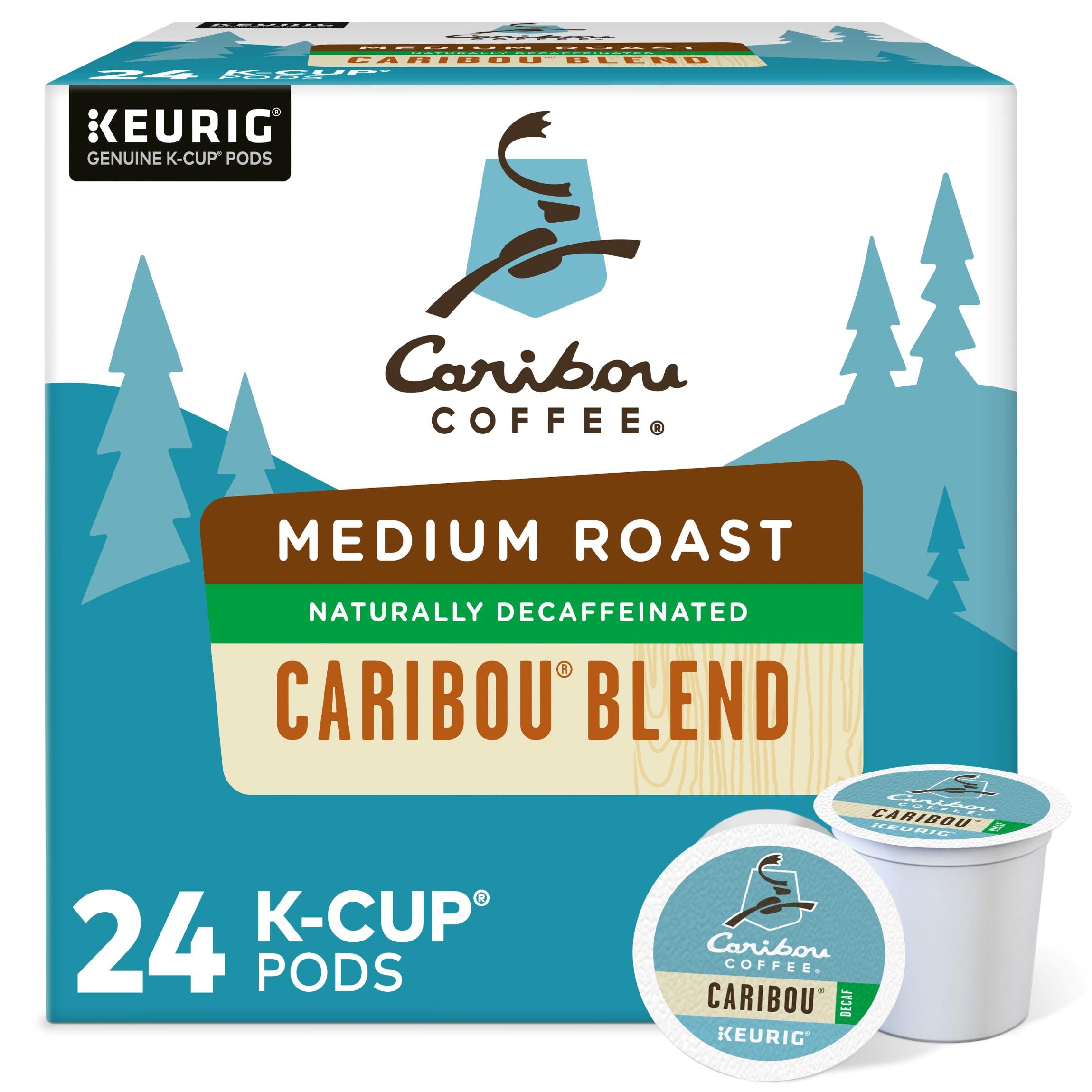 Green Mountain Coffee Roasters caribou blend decaf box front showing packaging and convenience