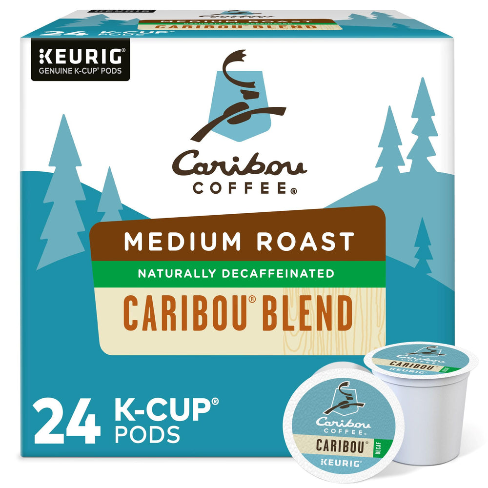 Green Mountain Coffee Roasters caribou blend decaf box front showing packaging and convenience