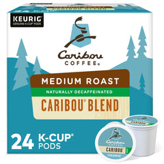 Green Mountain Coffee Roasters caribou blend decaf box front showing packaging and convenience