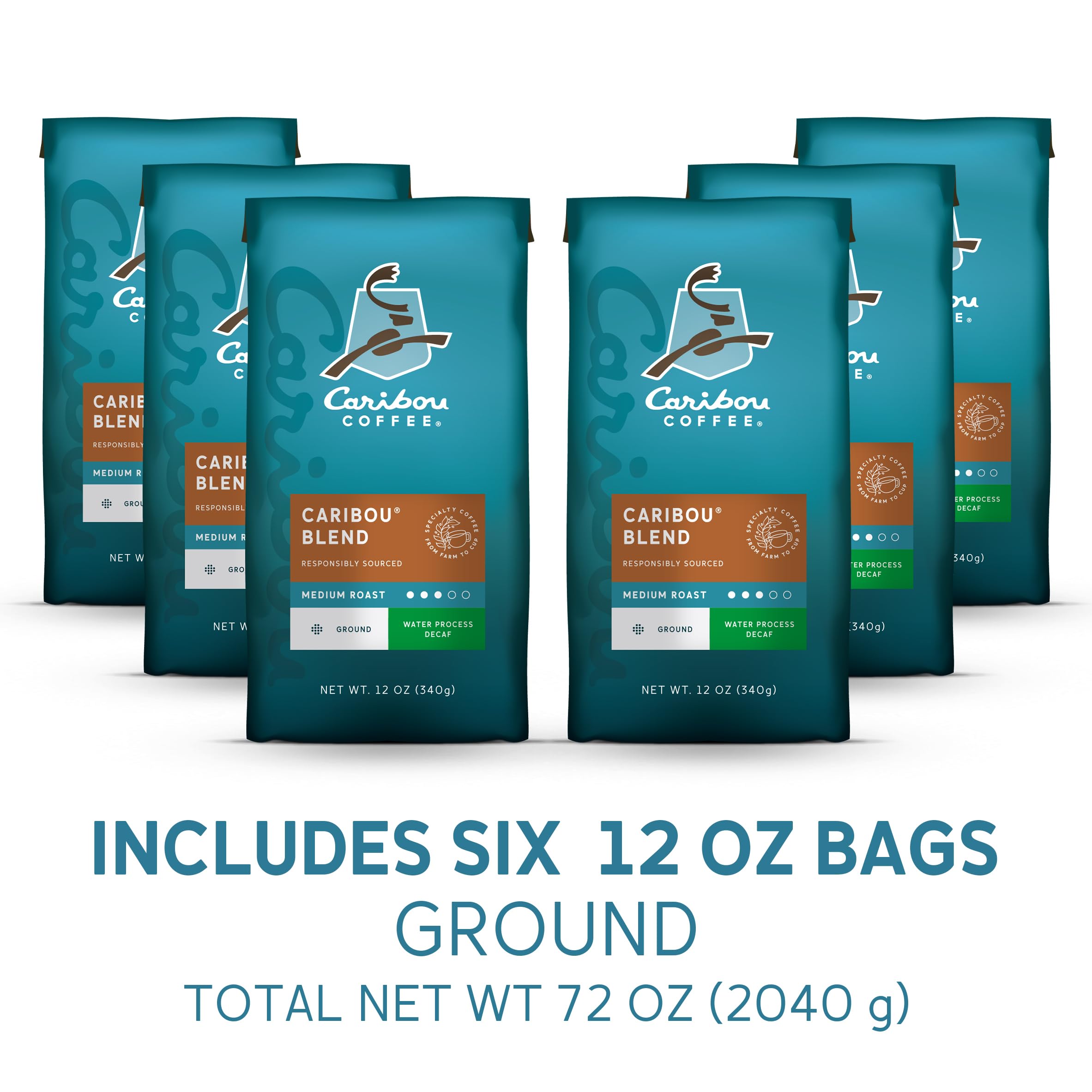 Caribou Coffee bag close-up label highlighting medium roast and certification benefit