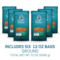 Caribou Coffee bag close-up label highlighting medium roast and certification benefit