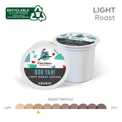 Brewed cup next to pod in morning scene showing Caribou Coffee energizing start