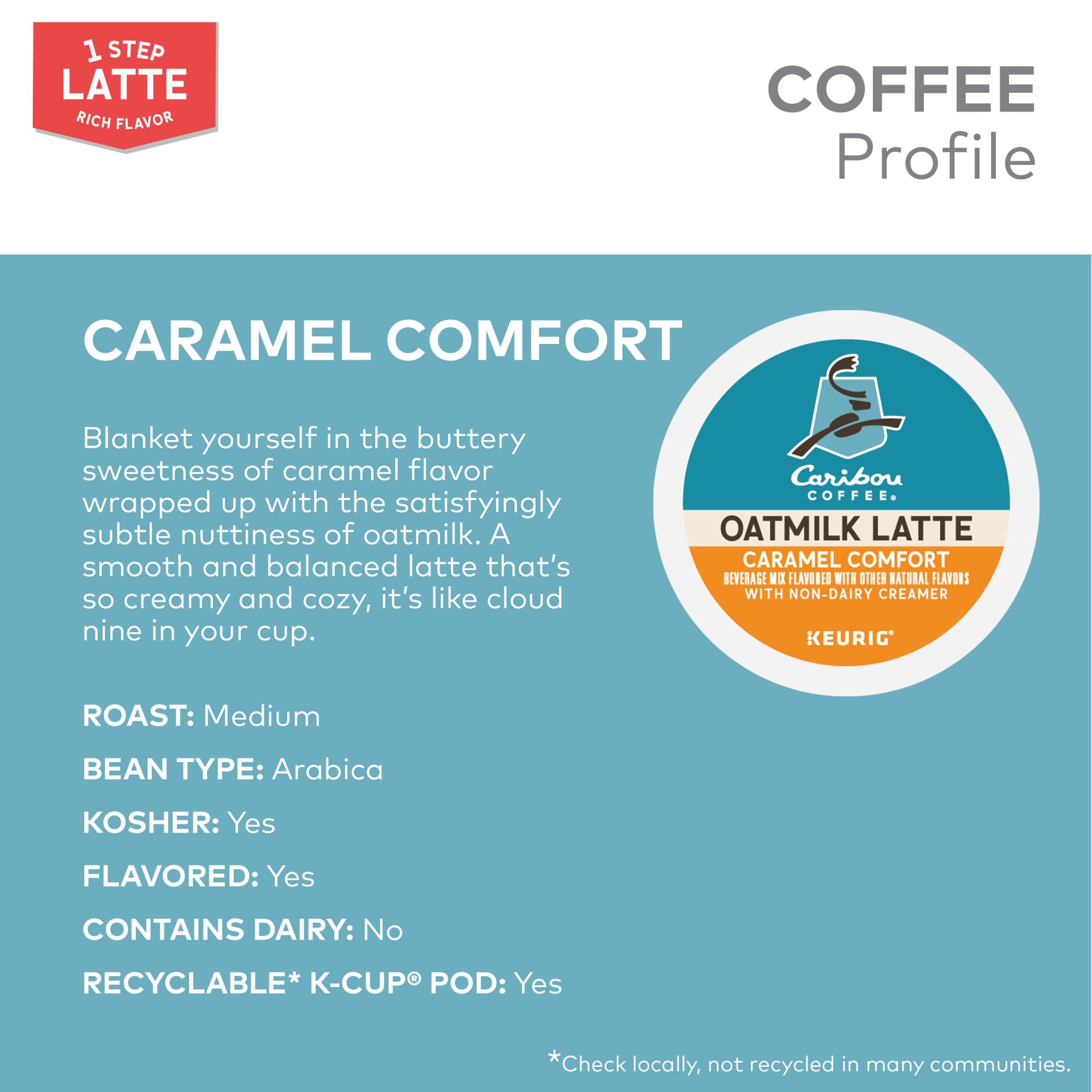 Brewed Caribou Coffee caramel oatmilk latte top view showing creamy surface and inviting aroma