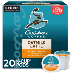 Caribou Coffee box front showing caramel oatmilk latte K-Cup pods and branding benefit convenience