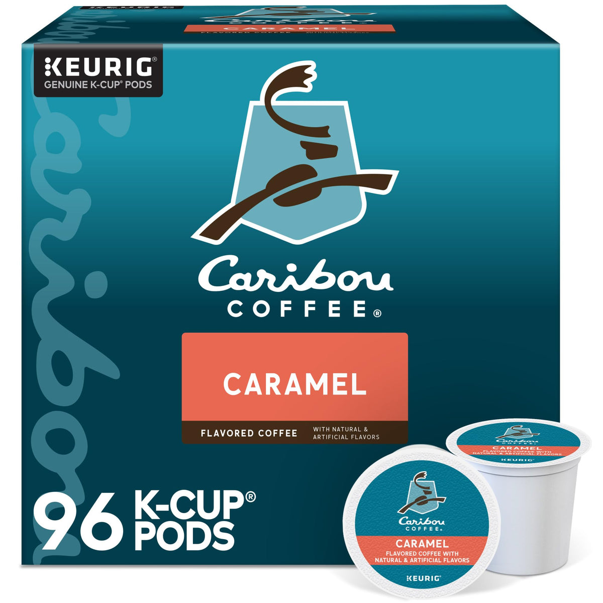 Caribou Coffee front packaging showing 96-count caramel K-Cups for convenient brewing