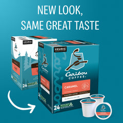 Caribou Coffee caramel K-Cup close-up revealing pod detail and consistent portioning benefit