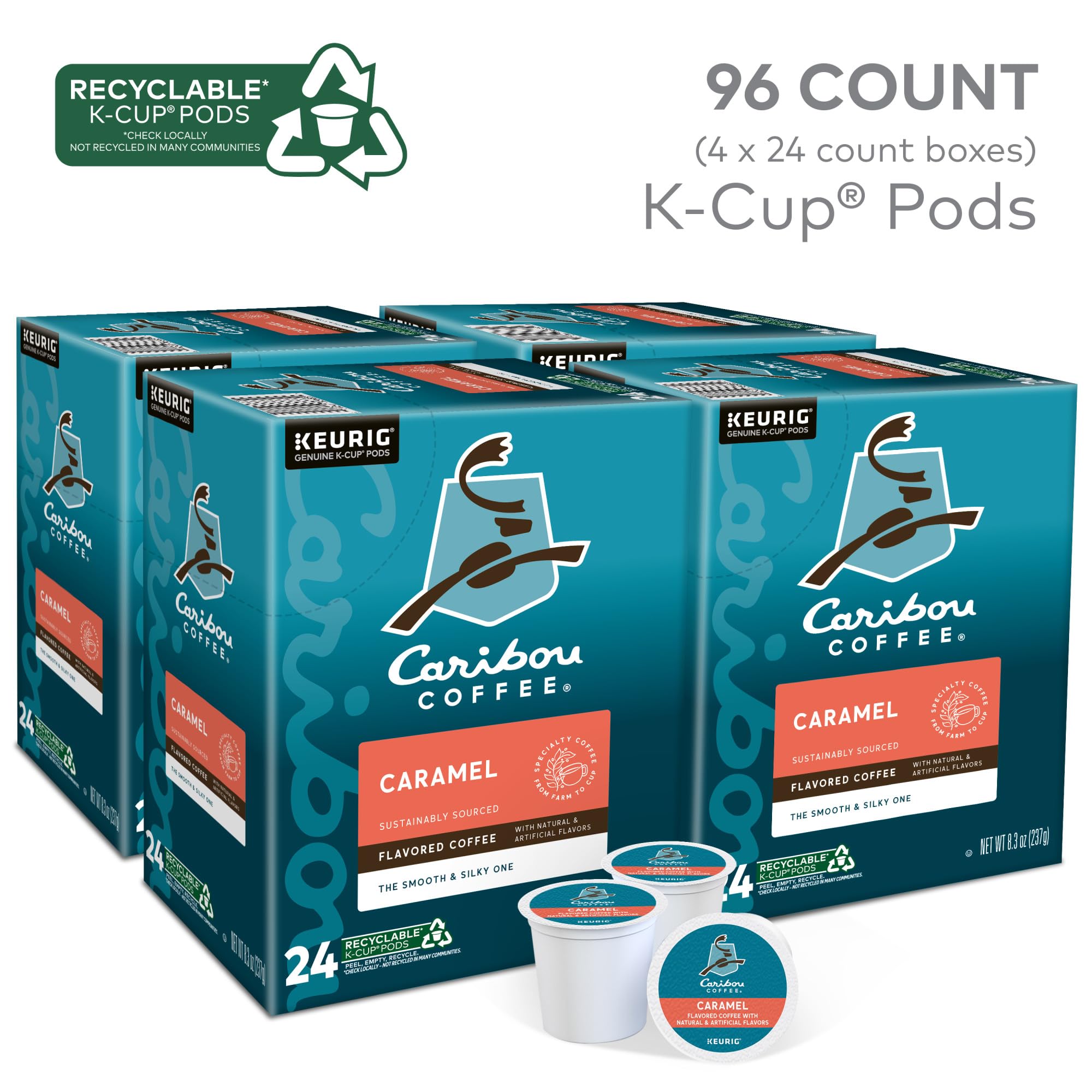 Caribou Coffee K-Cup top label with caramel branding for easy identification and brewing