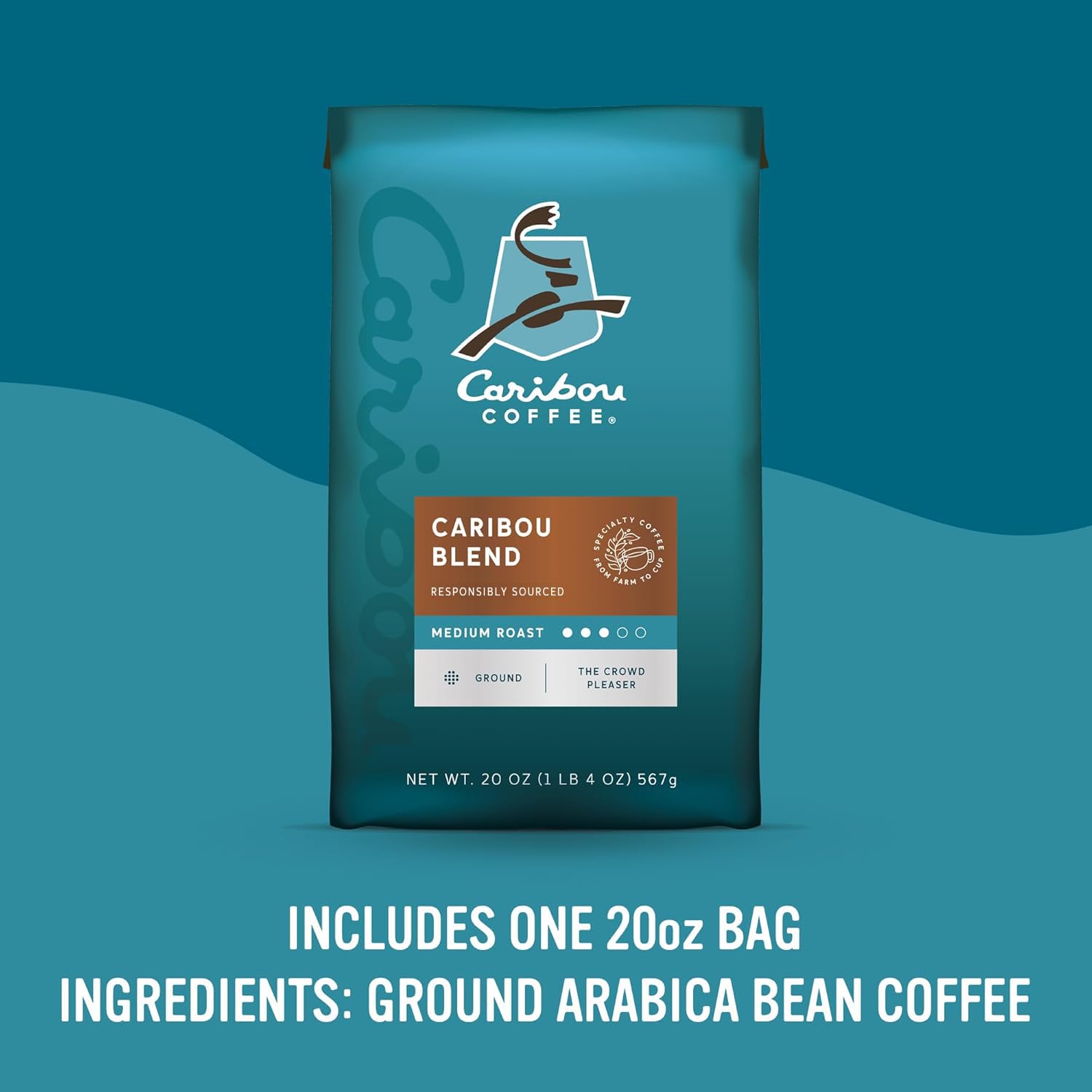 Caribou Coffee close-up label displaying roast and Rainforest Alliance certification benefit