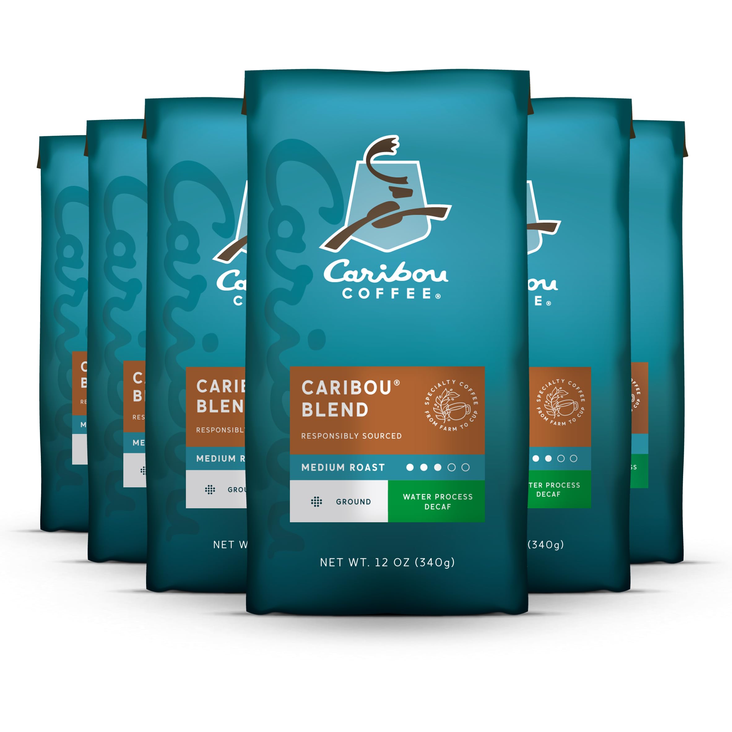Caribou Coffee front packaging showing Caribou Blend decaf and convenience