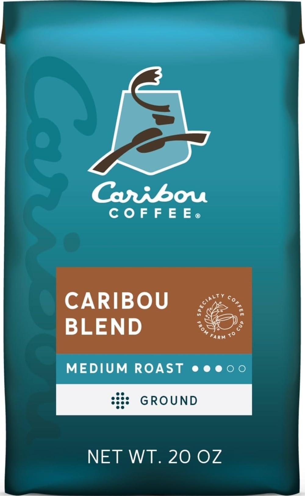 Caribou Coffee front packaging showing 20 oz bag and branding, highlights freshness