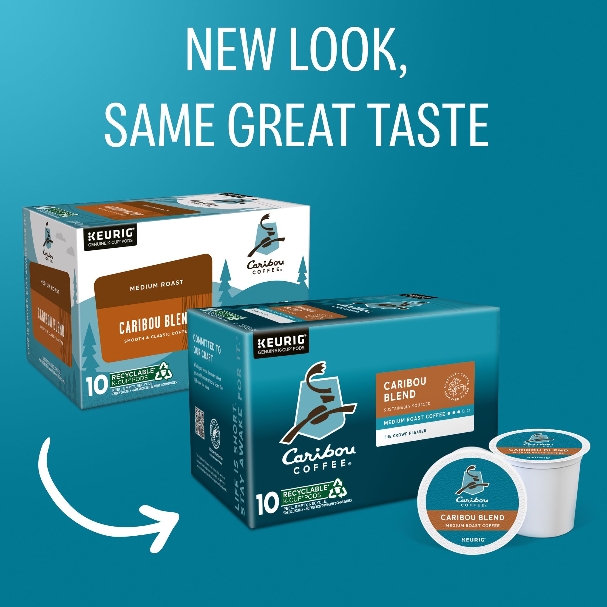 Caribou Coffee K-Cup pod close-up highlighting fresh-ground fill for consistent taste