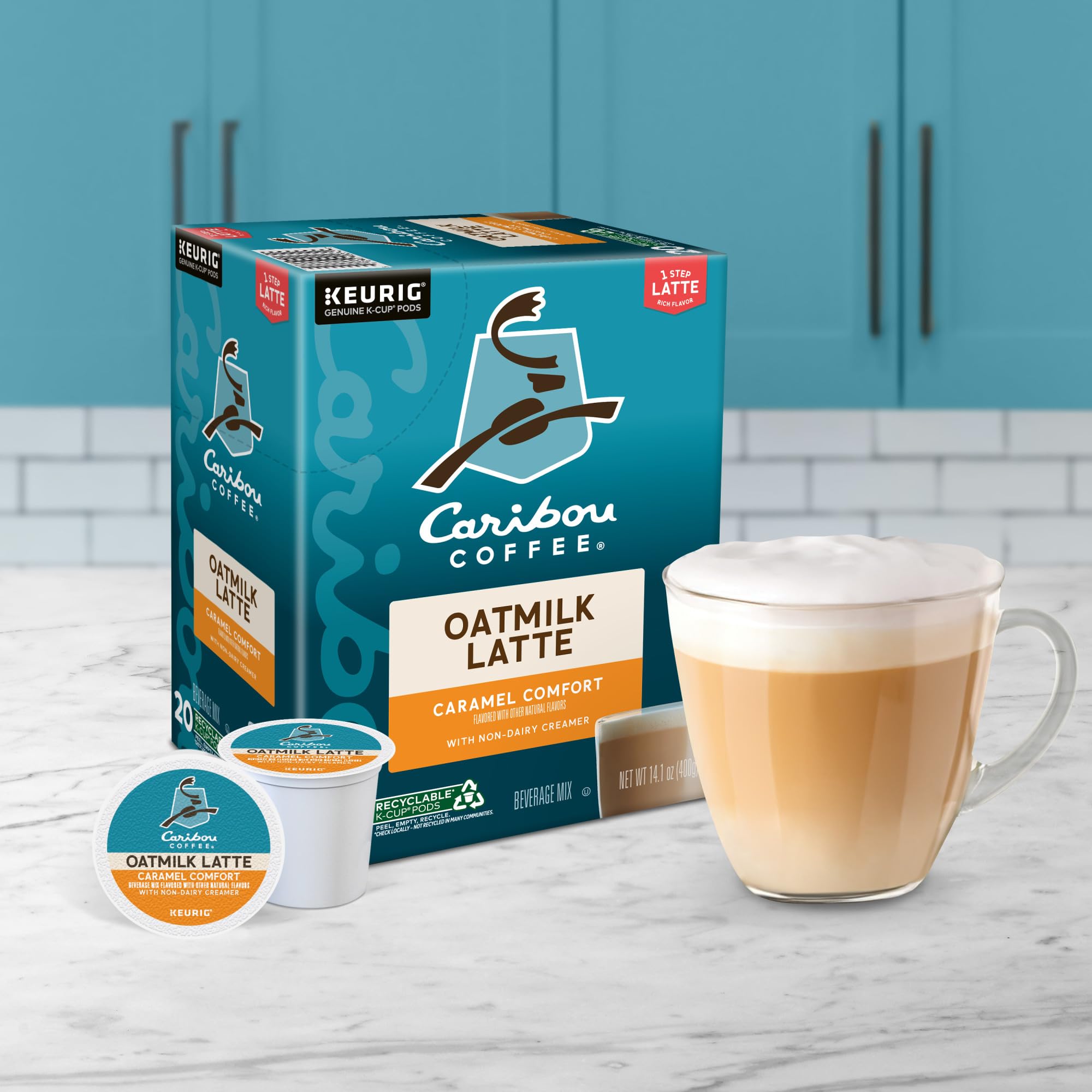 Caribou Coffee latte on a kitchen table with breakfast items showing everyday coffee ritual