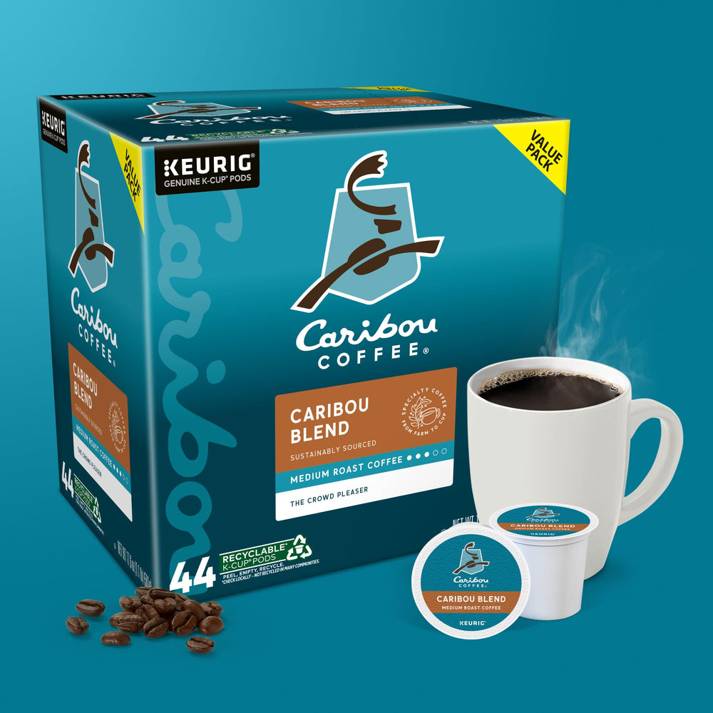 Caribou Coffee morning kitchen scene with cup and box, ideal for daily convenience