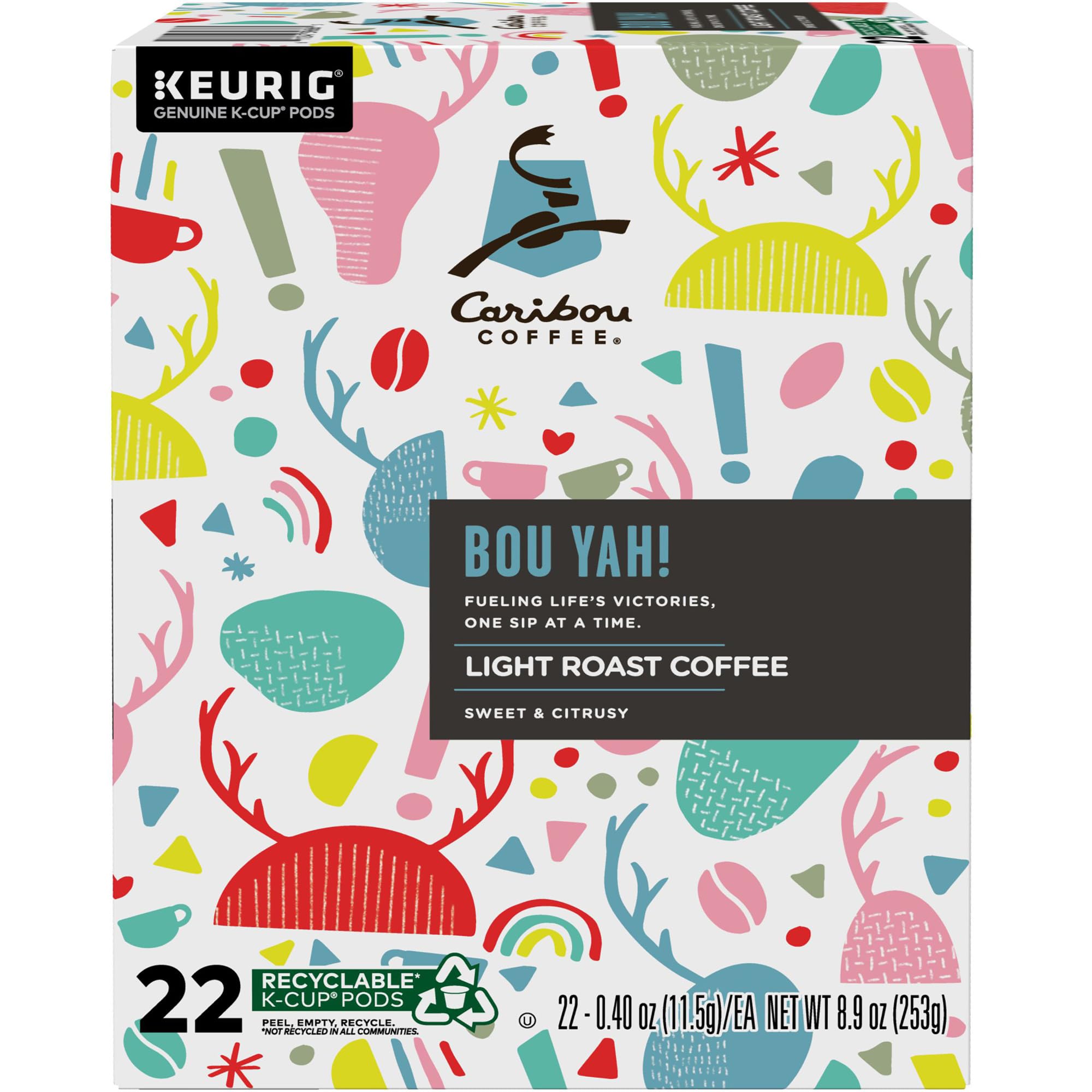 Pod tray in office breakroom displaying Caribou Coffee convenience for teams