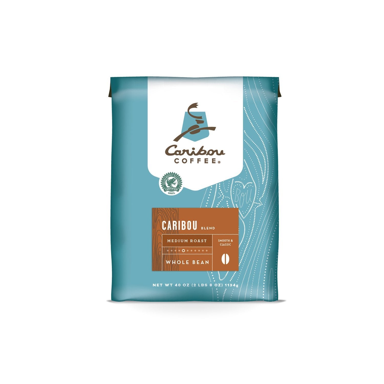 Caribou Coffee whole bean bag front view shows freshness and easy pouring