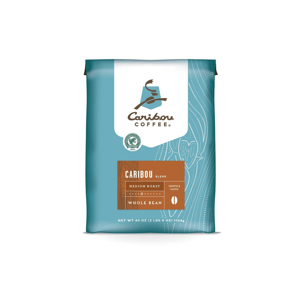 Caribou Coffee whole bean bag front view shows freshness and easy pouring