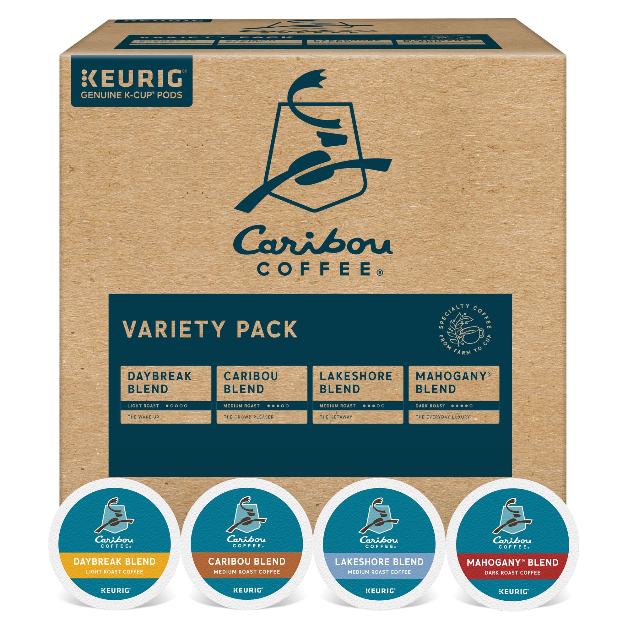 Caribou Coffee front box showing full 40-count variety pack benefit