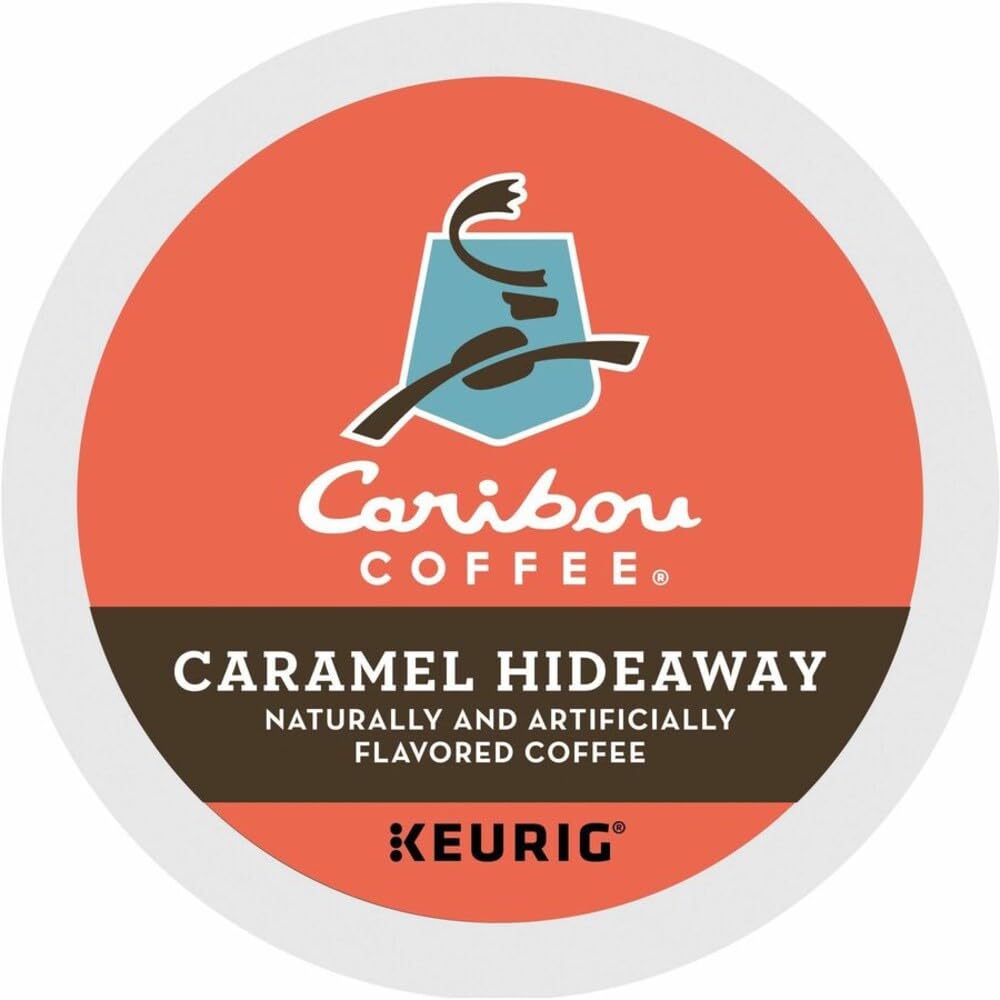 Caribou Coffee pack front showing Caribou Hideaway Caramel label and count benefits
