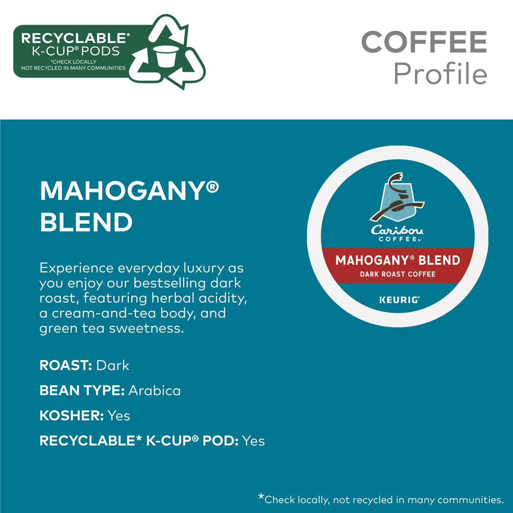 Caribou Coffee whole beans beside a Mahogany K-Cup highlighting blend origins