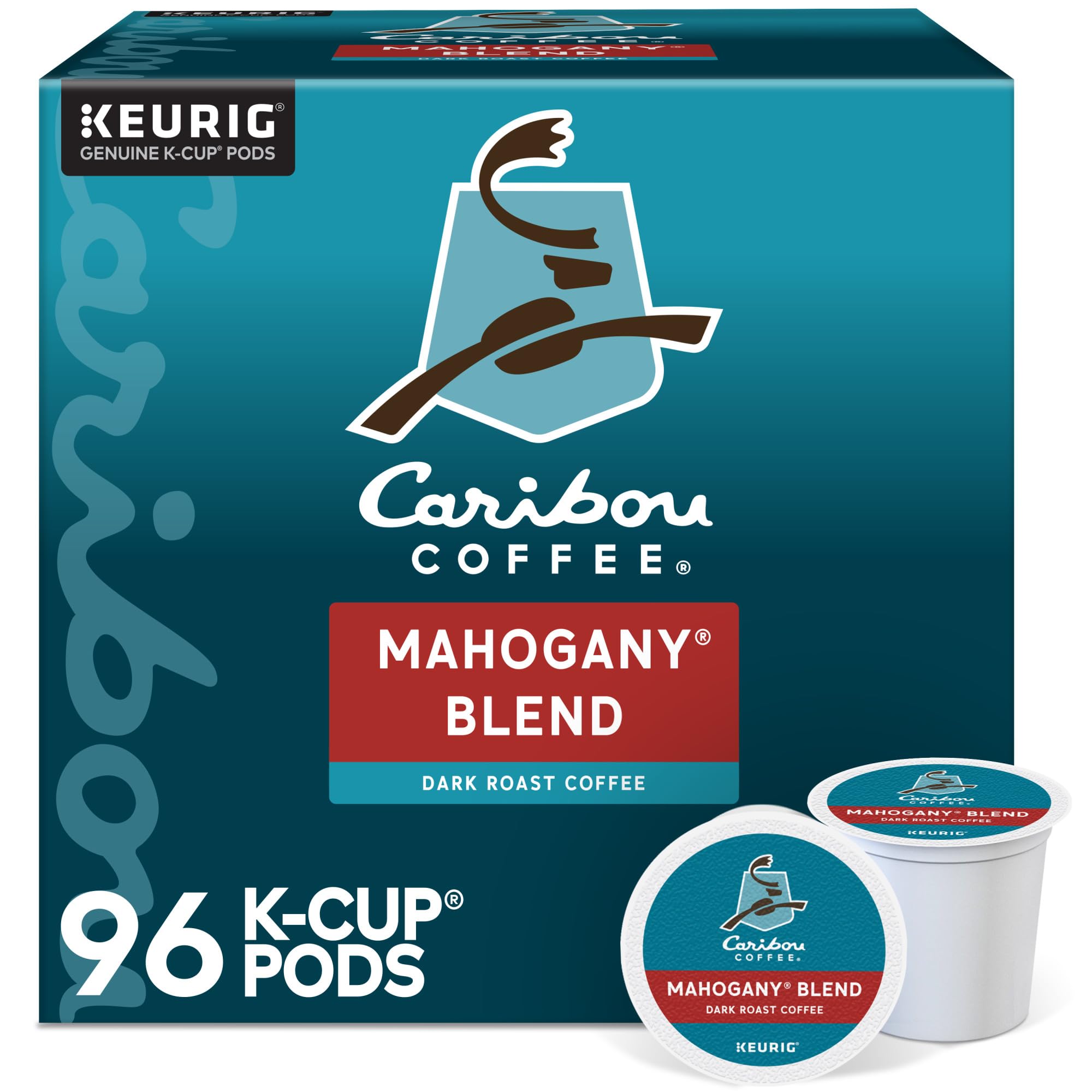 Caribou Coffee front packaging showing Mahogany Blend dark roast and count