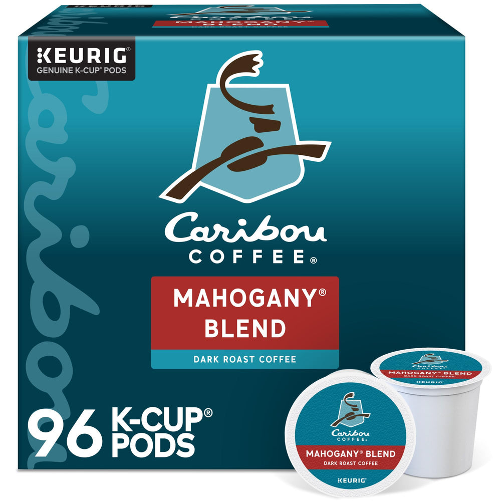 Caribou Coffee front packaging showing Mahogany Blend dark roast and count