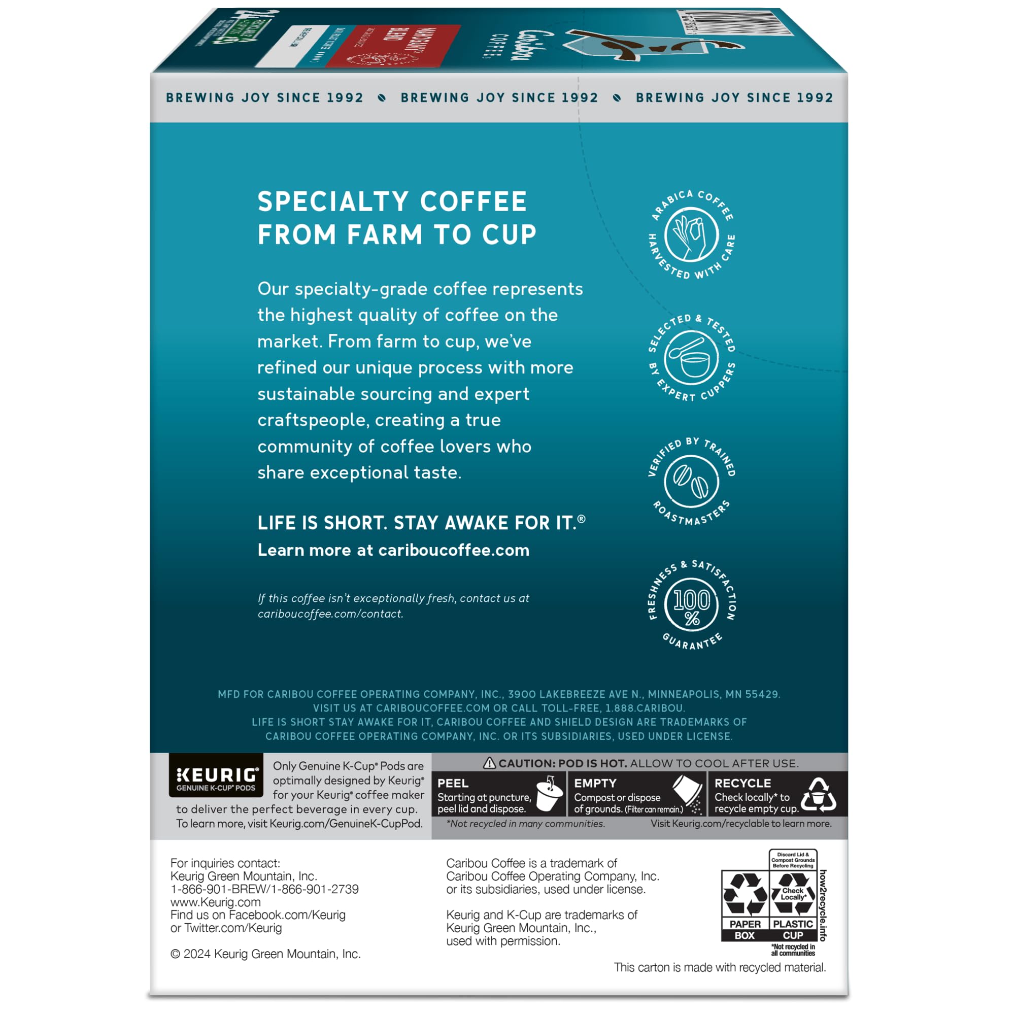Caribou Coffee Mahogany serving size comparison with K-Cup and mug for scale